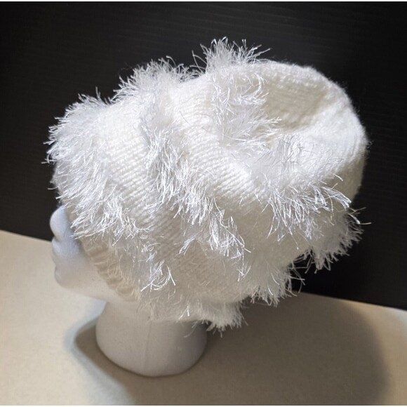 Pearl White Women's Warm Furry Slouchy Stocking Cap Hat Long Eyelash Yarn, NEW - Picture 5 of 15